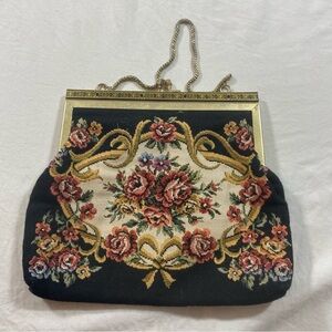 Elegant Black Floral Needlepoint Women Bag clasp Chain handle vintage